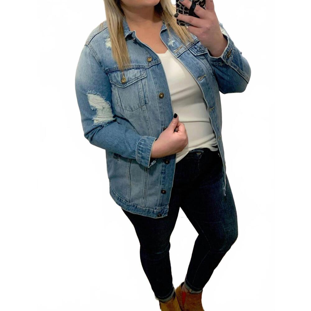 NEW POISON MUSHROOM boyfriend style distressed jean jacket in medium light
